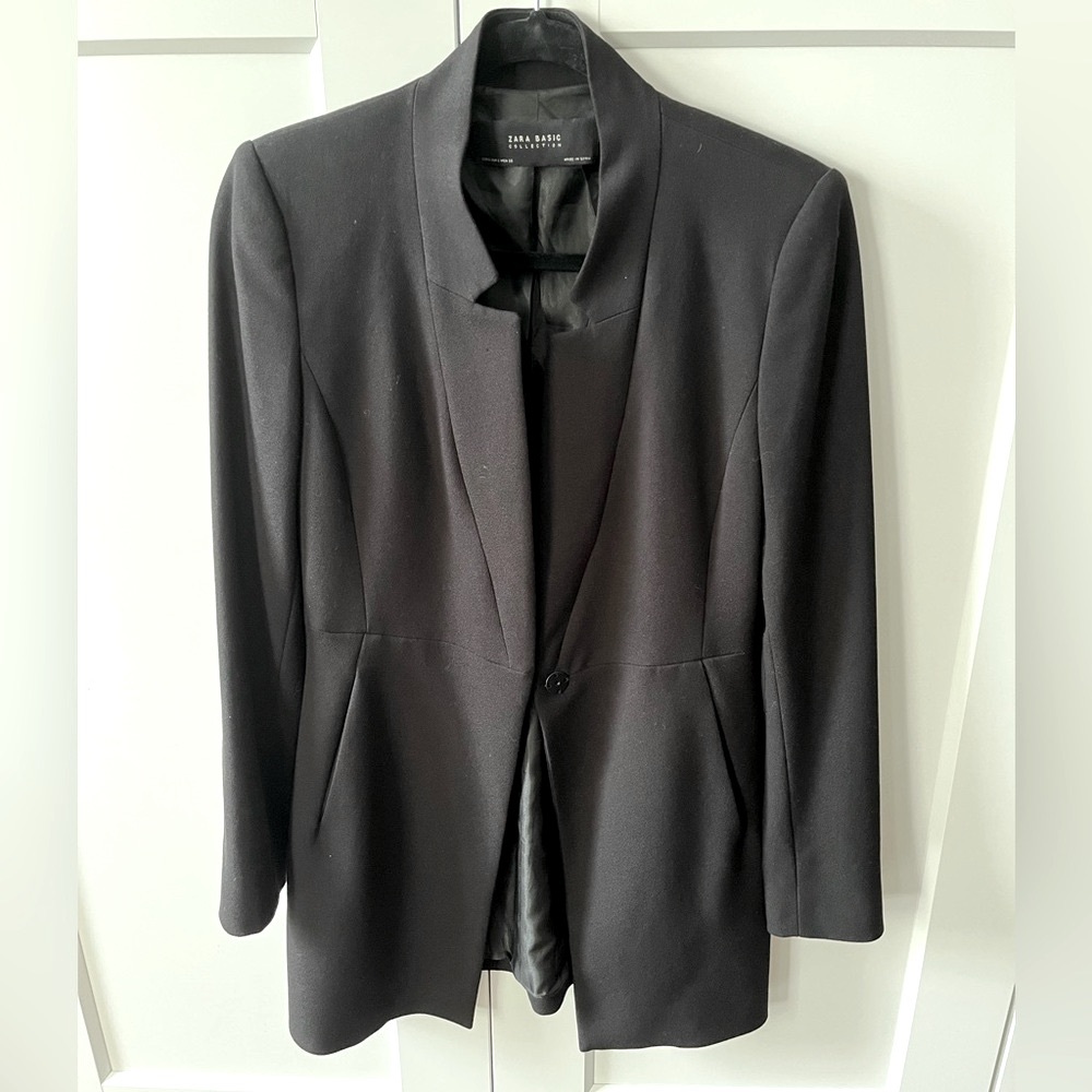 Zara black inverted lapel long blazer coat jacket Sz S